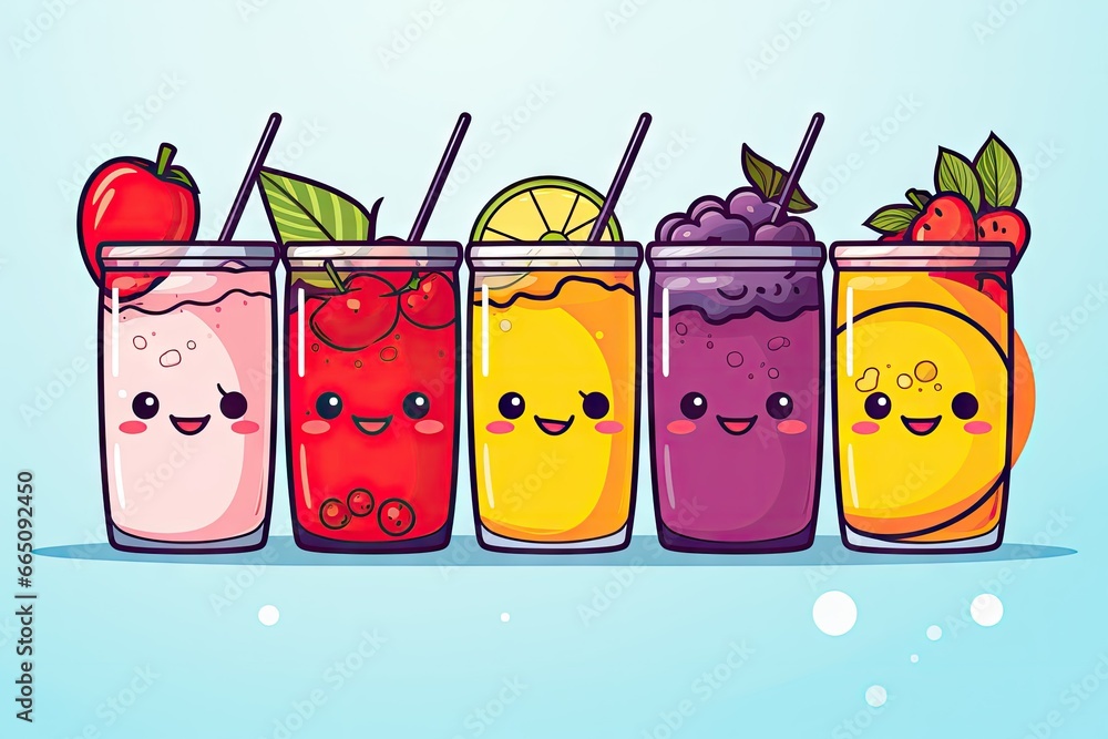 Poster a row of glasses filled with different types of drinks with faces drawn on them. generative ai