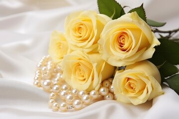Obraz na płótnie Canvas Yellow roses bouquet and pearls,in white background.
