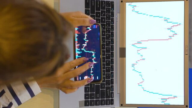 Vertical video of Woman following the stock market from phone and computer.