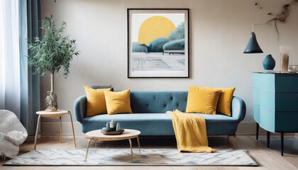 Cerulean couch adorned with yellow cushions and cozy throw, resting against a beige wall showcasing an elegant framed artwork. Minimalistic interior decor for a contemporary living space in a modern l