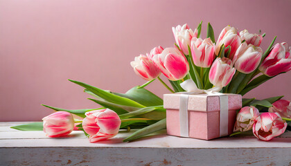 A bunch of pink tulips and a present box against a pink backdrop