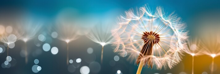 Abstract blurred nature background dandelion seeds parachute. Bokeh pattern. - obrazy, fototapety, plakaty