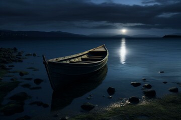 Naklejka na ściany i meble A solitary boat rests by the coast in darkness. Generative AI