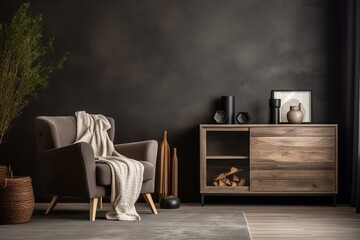 Mockup of a cozy living room with a dark-toned wall and a gray armchair beside a wooden cabinet. Generative AI