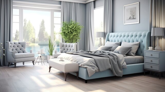 An image displaying a serene bedroom with soft blues and grays, representing a calming color palette in interior design