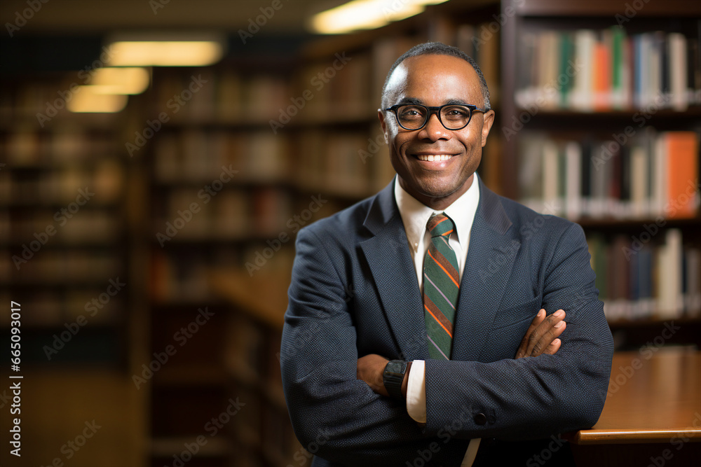 Poster generative ai photo of handsome happy man professional instructor scientist against a library booksh