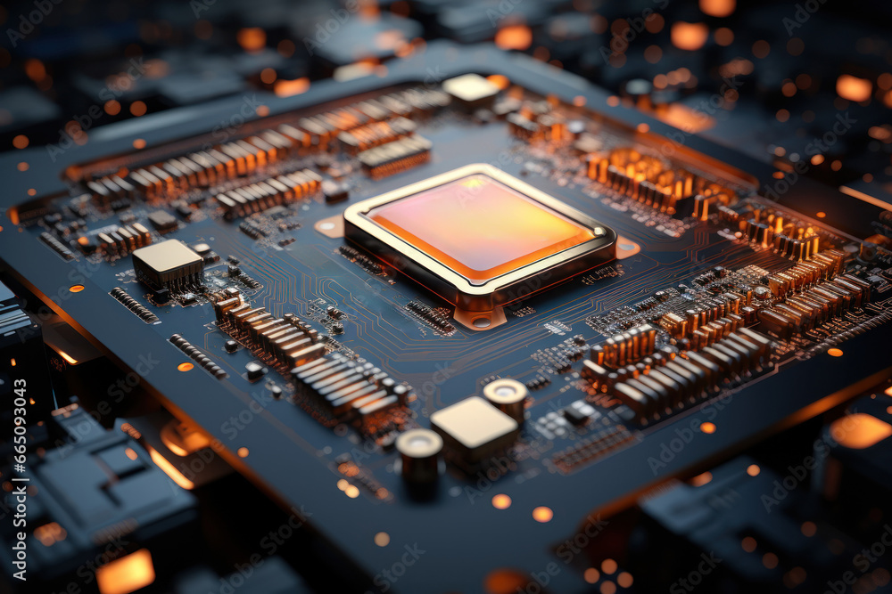 Poster a close-up of a microchip, signifying technological advancements and the challenges of data privacy 