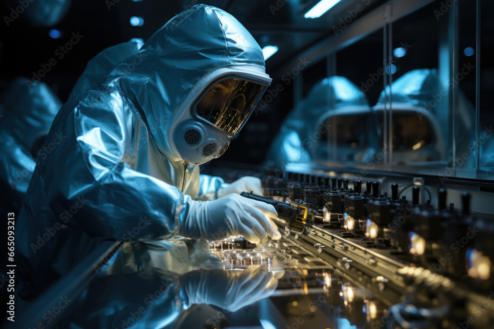 Poster scientists in protective gear working in a highly controlled environment with radioactive materials.
