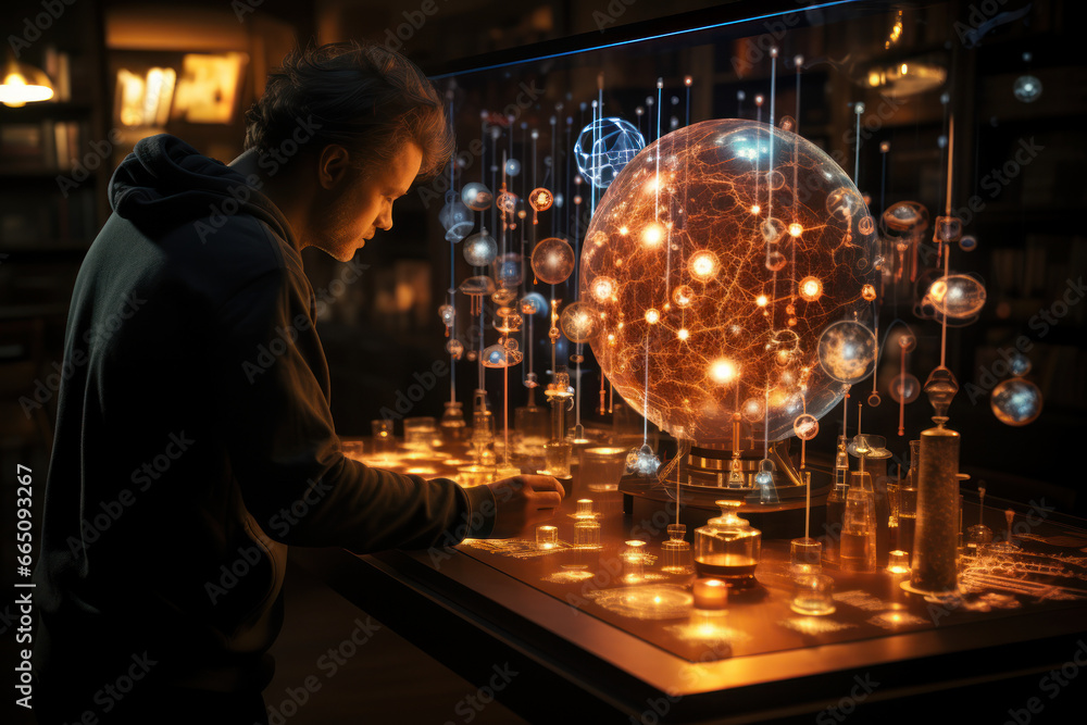 Poster a nuclear physicist analyzing data on a computer screen, emphasizing the role of technology in atomi