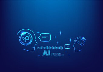 chatbot, chat with ai. Digital chat bot business. Human ask bot. Bot conversation. Smart ai chat bot communicates with human. Artificial intelligence speak blue background. Banner, cover, poster, ads