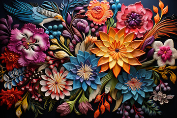 Generative AI image of vivid colorful textile asian traditional embroidery pattern on a black background