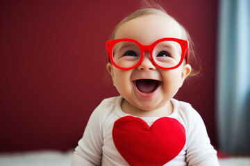 Portrait of adorable beautiful baby in big stylish red glasses having fun celebrating valentine day generative AI technology - obrazy, fototapety, plakaty