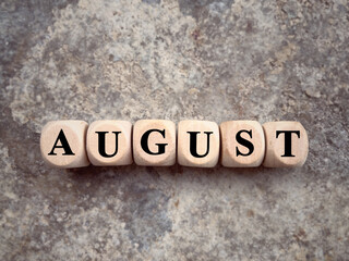 Month, time and celebration concept. AUGUST written on wooden blocks. With blurred styled background.