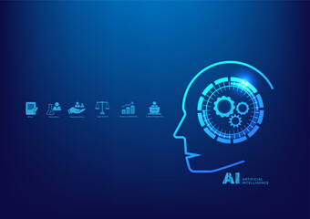 Jobs will replace by AI in future. Artificial intelligence smart technology. Machine learning. Banner blue background. High tech. Cover, Poster, Presentation, Business, infographic