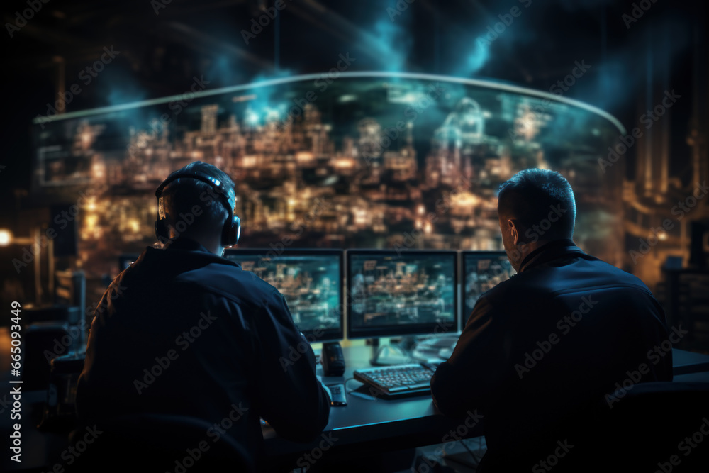 Poster workers in a control room monitoring reactor operations with advanced technology. concept of nuclear