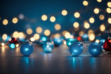 balls Christmas lights garland bokeh lights over blue background. Minimalist holiday 