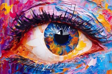 “Fluorite” oil painting. Conceptual abstract picture of the eye. Oil painting in colorful colors. Conceptual abstract closeup of an oil painting and palette knife on canvas.