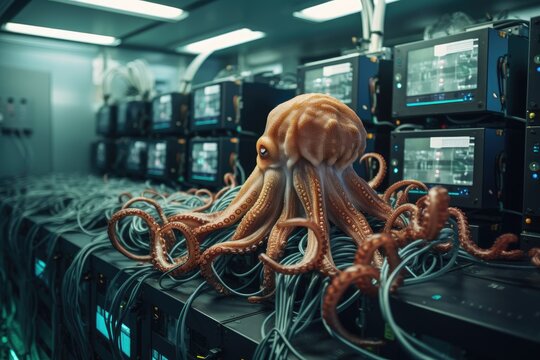 A curious octopus exploring a computer