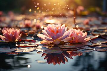 Generative ai picture pf colorful beautiful lotus water lily flower on pond yoga peace calm...