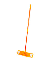 Orange plastic mop with adjustable handle, isolated on white background. Mop for cleaning the floor. Cleaning concept. Cleaning the premises.