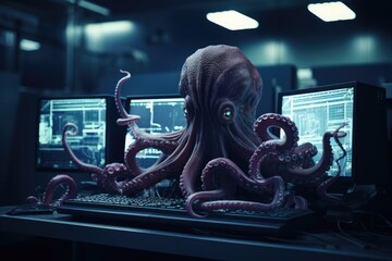 A curious octopus exploring a computer keyboard - obrazy, fototapety, plakaty