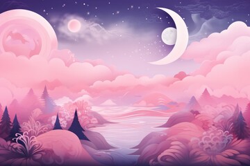 A serene pink landscape with moonlit trees