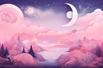 Wandcirkels aluminium A serene pink landscape with moonlit trees © pham