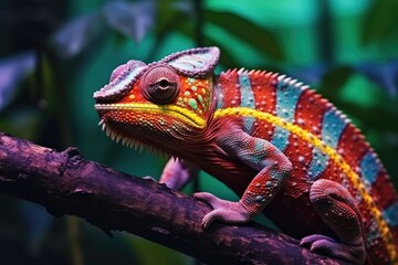 A vibrant reptile perched on a tree branch