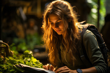 Female botanist examines rainforest flora with notebook.
