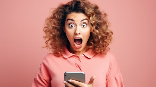 woman exited surprise face expression . female feels shocked with the phone. exciting smile and happy adorable rejoices. Very enjoy and fun relax time. wow, girl holding smartphone