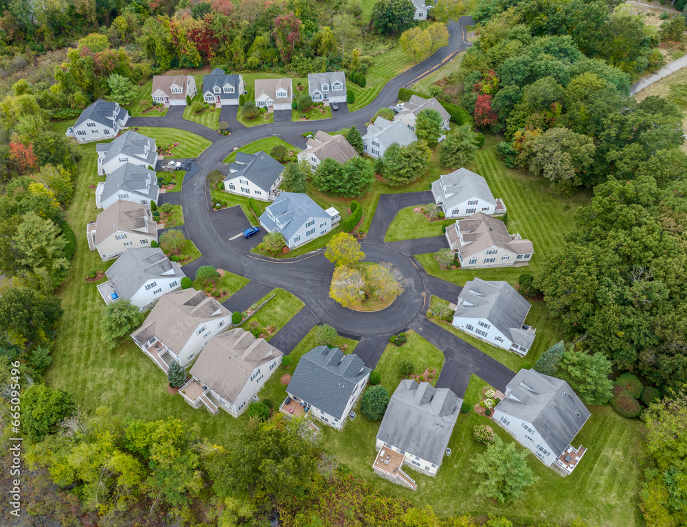 Poster aerial drone view of residential houses in suburban community