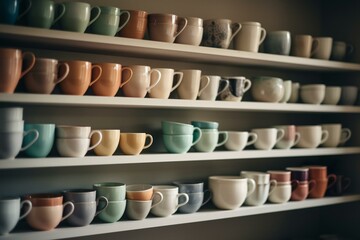 Fototapeta na wymiar Cups arranged on shelf. Generative AI