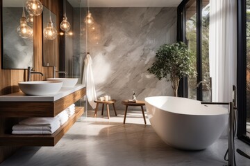 A luxurious bathroom with a spacious bathtub and elegant sink - obrazy, fototapety, plakaty