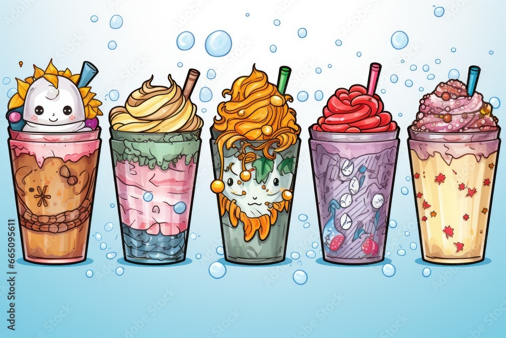 Poster a row of different types of ice cream in different cups. generative ai