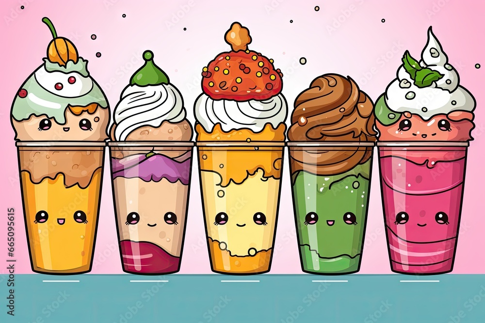 Poster a row of ice cream sundaes with different toppings. generative ai