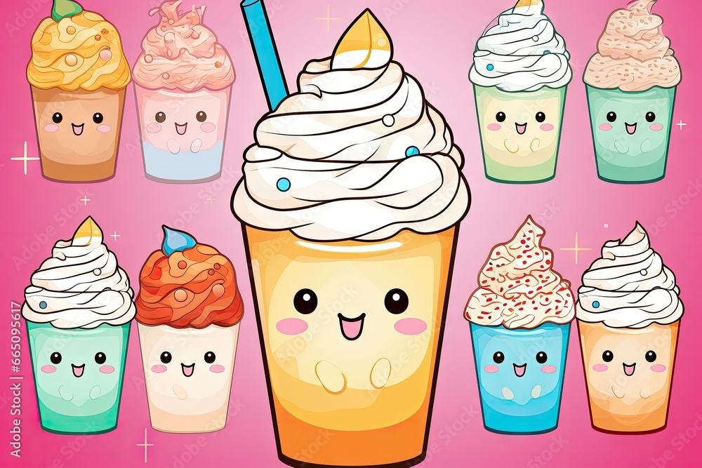 Poster a cartoon of a cup of ice cream with different toppings. generative ai