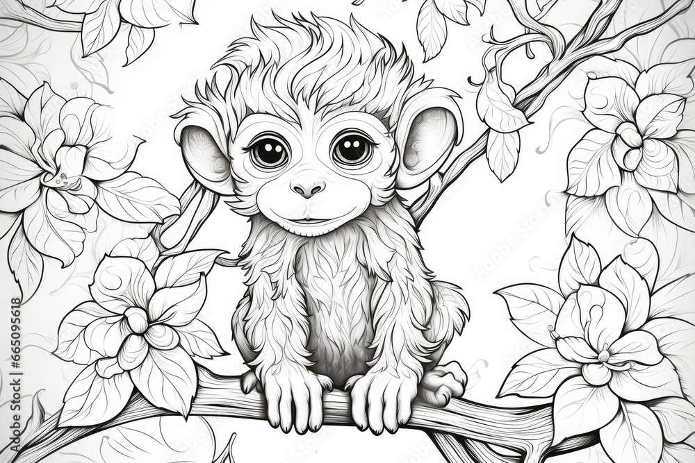 Poster a sketch of a monkey sitting on a tree branch surrounded by flowers the monkey has a curious express