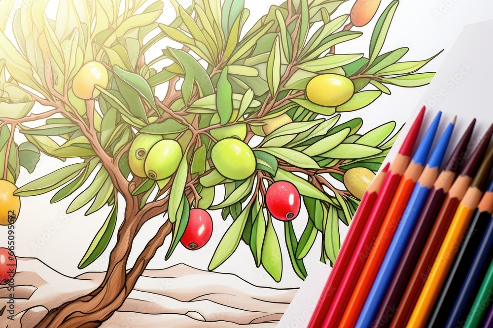 Poster a drawing of a tree with fruit on it and colored pencils next to it. generative ai