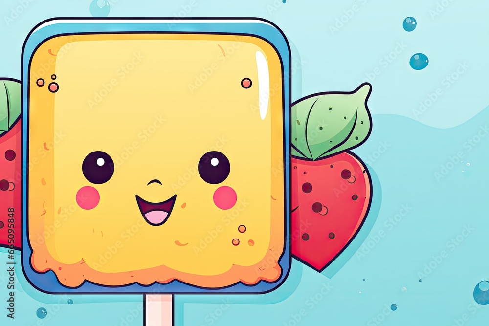 Poster a popsicle with a strawberry on top and a face. generative ai