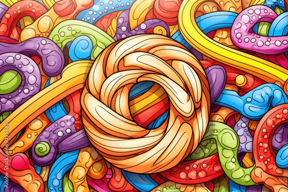 Poster a painting of a bunch of different colored objects in the shape of a flower. generative ai