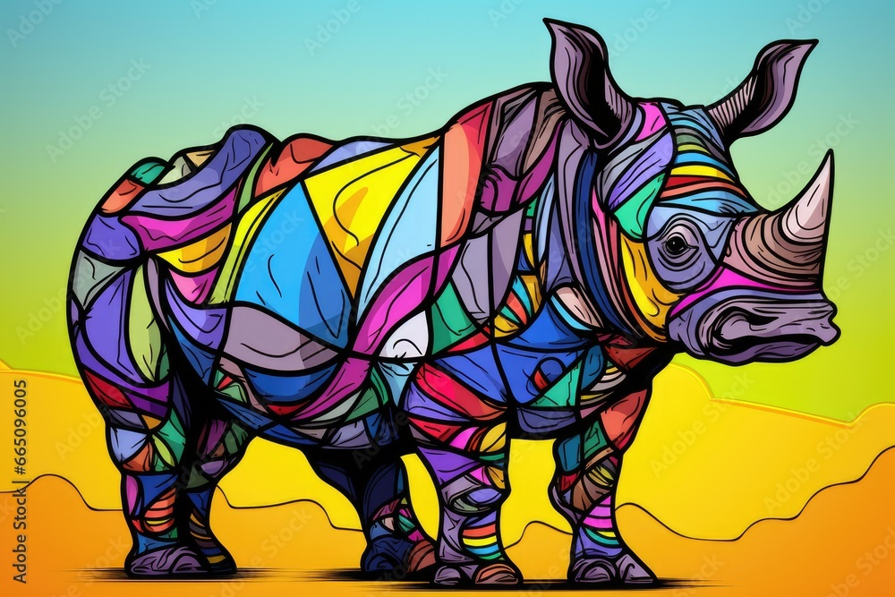 Poster a colorful rhino standing in a field with a sky background. generative ai