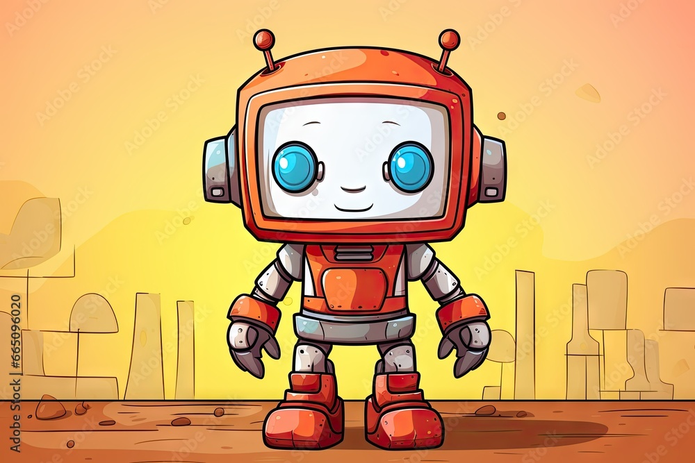 Poster a cartoon robot standing in front of a yellow background with buildings. generative ai