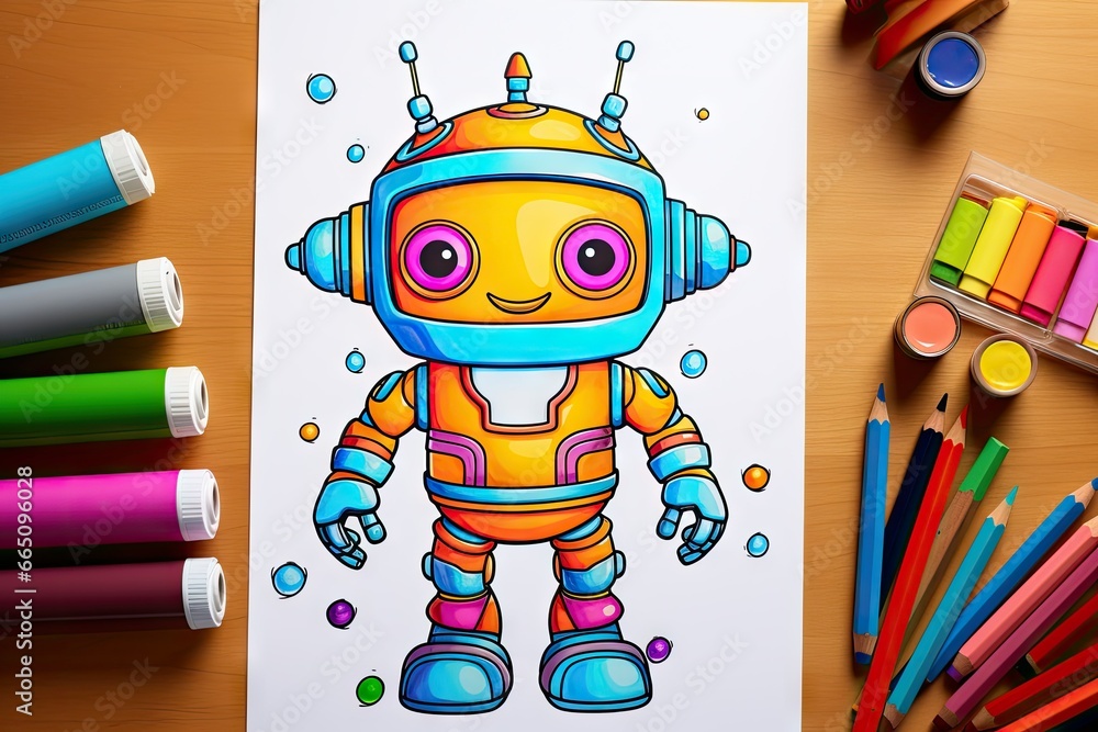 Poster a drawing of a robot with lots of color pencils. generative ai