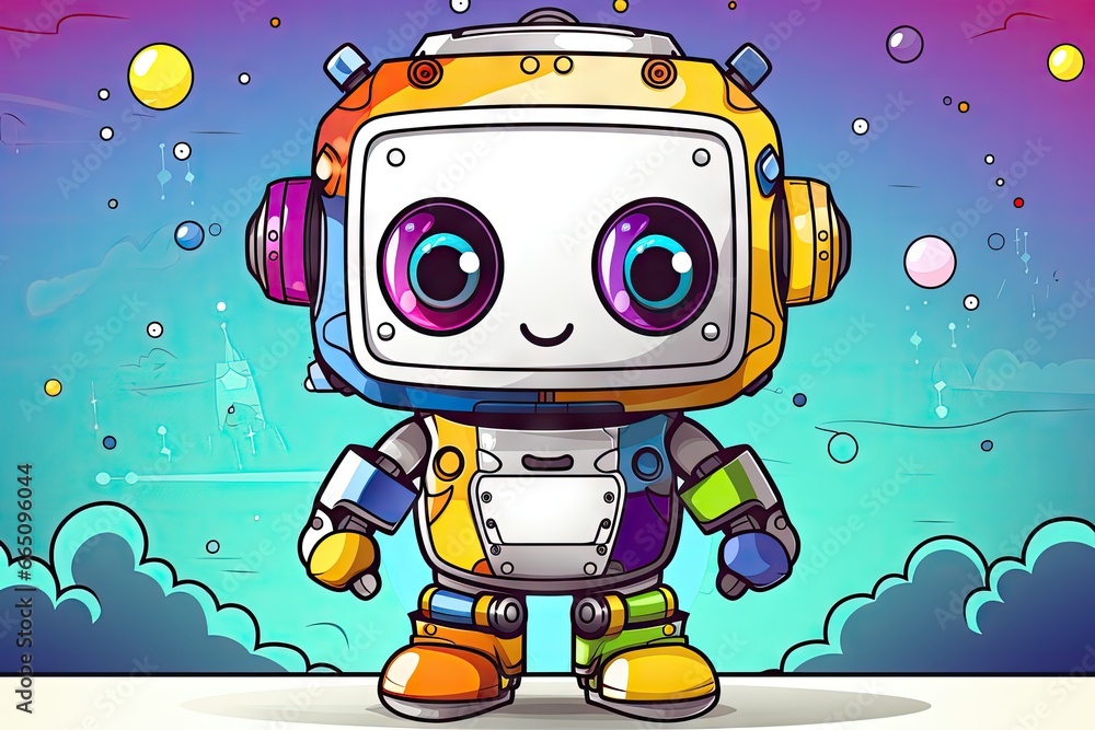 Poster a cartoon robot standing in front of a blue sky with bubbles. generative ai