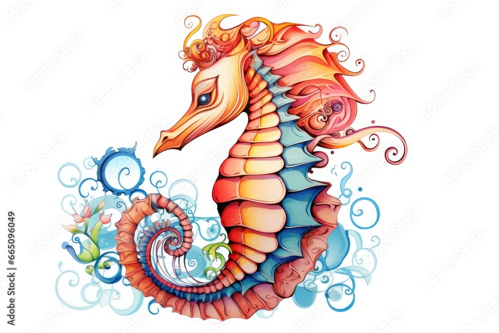 Poster a colorful seahorse with a swirly tail and a large head. generative ai