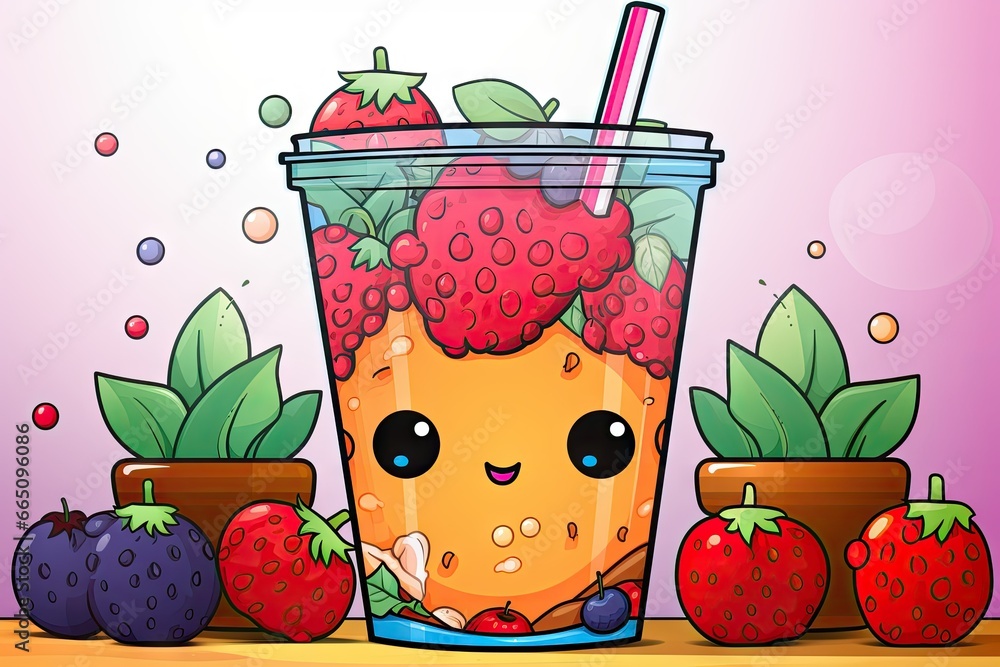Poster a cup of fruit with a straw and a straw in it. generative ai