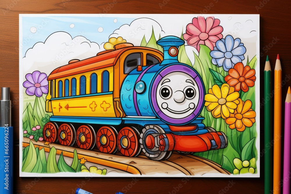 Poster a drawing of a train with a smiling face on it. generative ai