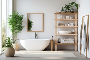 A spacious modern bathroom with a luxurious white bathtub and a touch of greenery