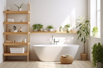 A serene bathroom setup with a botanical touch