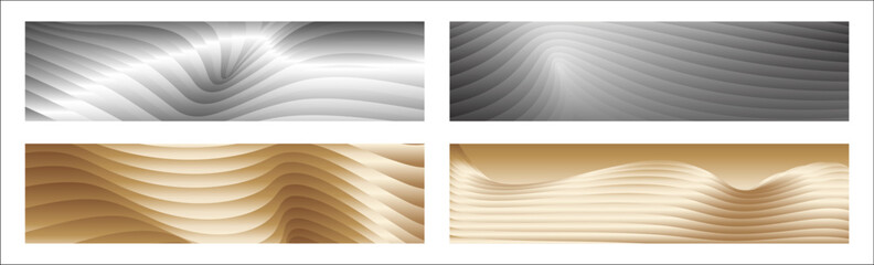 Wavy silver and gold parallel gradient lines, ribbons, silk. Set of 4 backgrounds. Black and white with shades of gray or golden silk. Banner, poster. eps vector